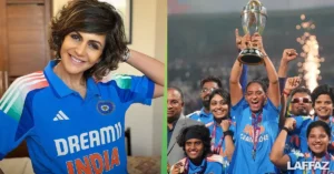 Mandira Bedi in India's women cricket uniform, and India-ICC Women's Cricket Team celebrating the World Cup 2025 win