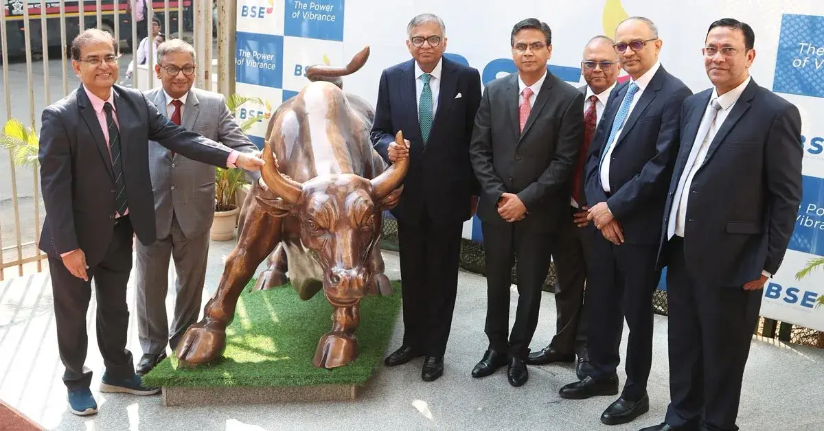 N Chandrasekaran, Chairman, Tata Motors Limited; with Girish Wagh; MD & CEO, Prof Subhasis Chaudhuri, Chairman, BSE Limited; and Sundararaman Ramamurthy, MD & CEO, BSE Limited - after the bell ringing ceremony marking the listing of Tata Motors Limited - following the demerger.