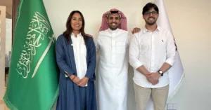 Di-Ann Eisnor, WakeCap President; Dr Hassan Albalawi, WakeCap CEO & Co-founder; and Tulio Cerviño, Trackfy Co-Founder