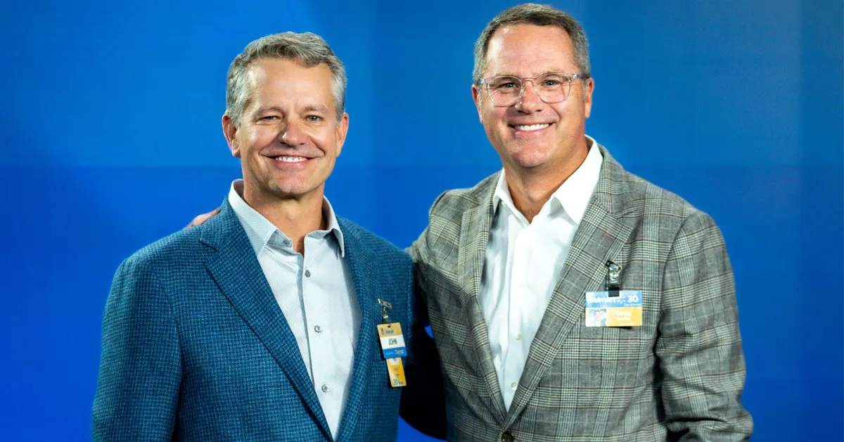 John Furner and Doug McMillon at a Walmart event, with Furner preparing to succeed McMillon as Walmart CEO in 2026.