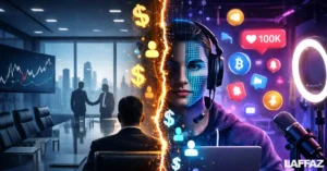Split-screen illustration showing a corporate boardroom executive on one side and an AI-powered content creator with digital overlays on the other, symbolizing the shift from traditional power to algorithm-driven fame and wealth.