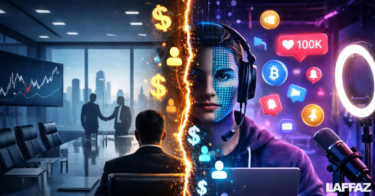 Split-screen illustration showing a corporate boardroom executive on one side and an AI-powered content creator with digital overlays on the other, symbolizing the shift from traditional power to algorithm-driven fame and wealth.