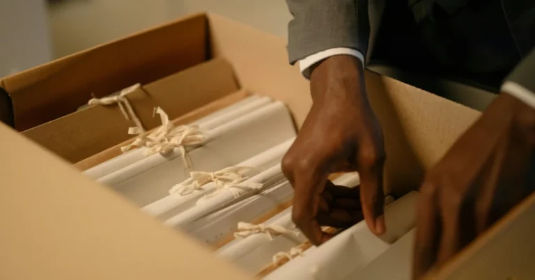 Person holding a box of office files, illustrating the careful handling of confidential materials.