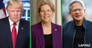 Donald Trump, Elizabeth Warren, and Jensen Huang amid the U.S. debate over Nvidia’s AI chip sales to China.