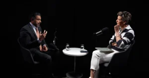 CNN’s Becky Anderson interviews StarzPlay CEO Maaz Sheikh during a studio discussion on growing viewership