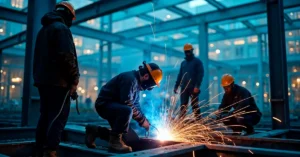 Four construction workers performing welding work at an industrial site, following safety procedures and quality standards