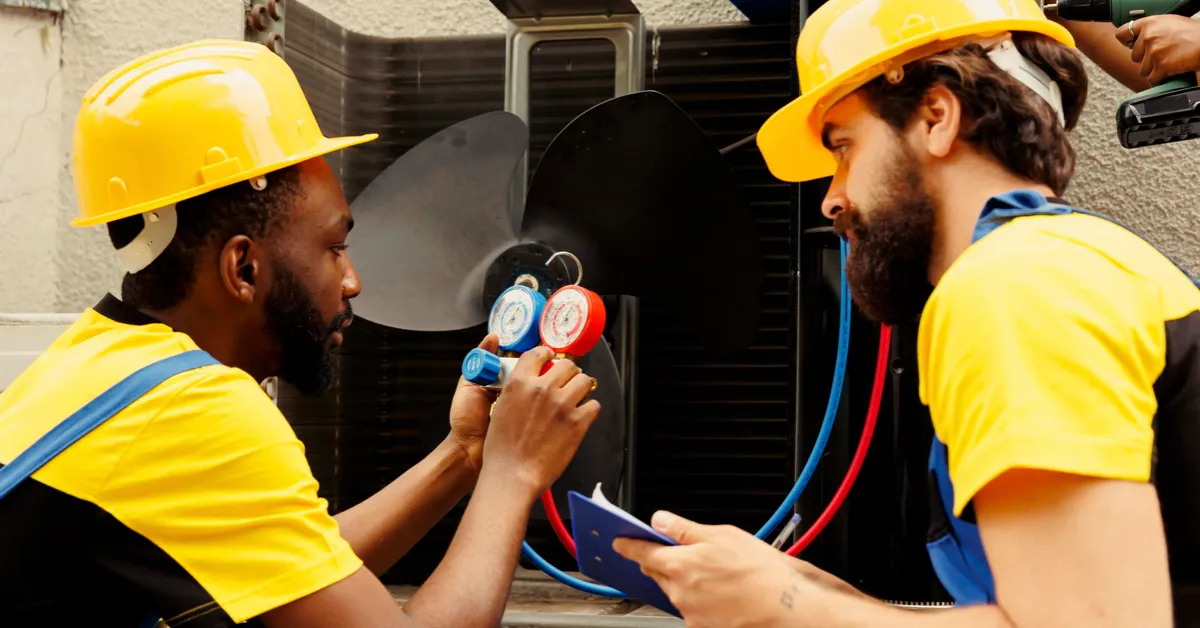 HVAC technicians refilling freon and measuring pressure in an outdoor air conditioning unit during a service visit