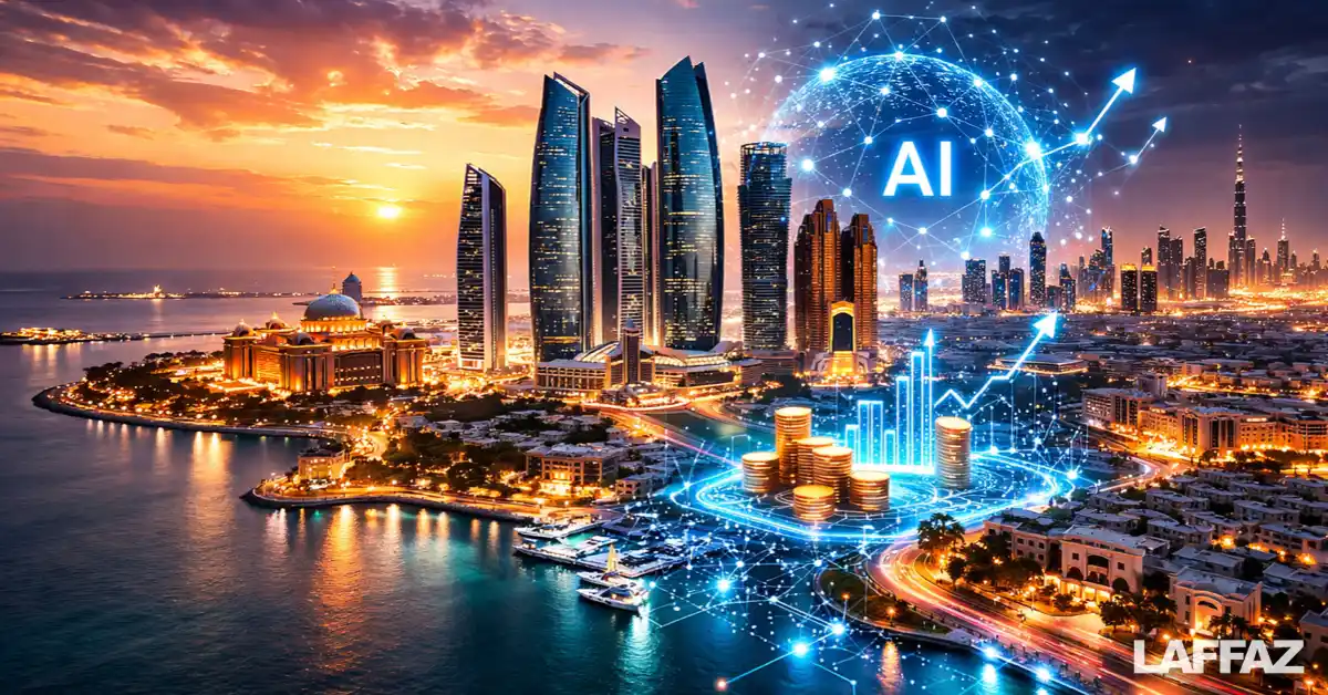 Futuristic Abu Dhabi skyline with glowing AI neural network overlays and holographic data streams representing sovereign-backed AI funding in 2026