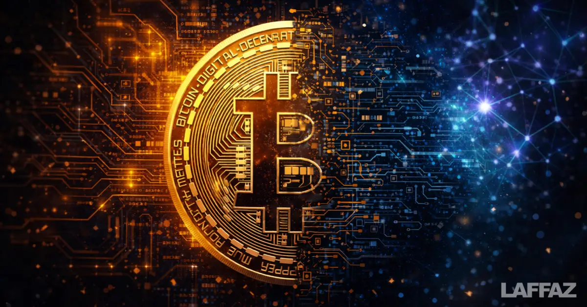 Illustration of Bitcoin dissolving into complex digital circuitry with a futuristic quantum glow, symbolizing technological risks and growing complexity in cryptocurrency.