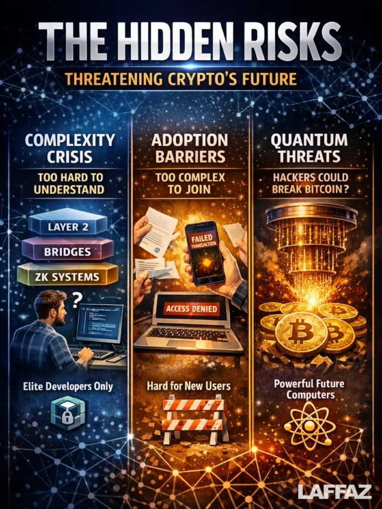 Infographic explaining how increasing cryptocurrency system complexity, layered protocols, and emerging quantum computing risks could weaken decentralization and network security