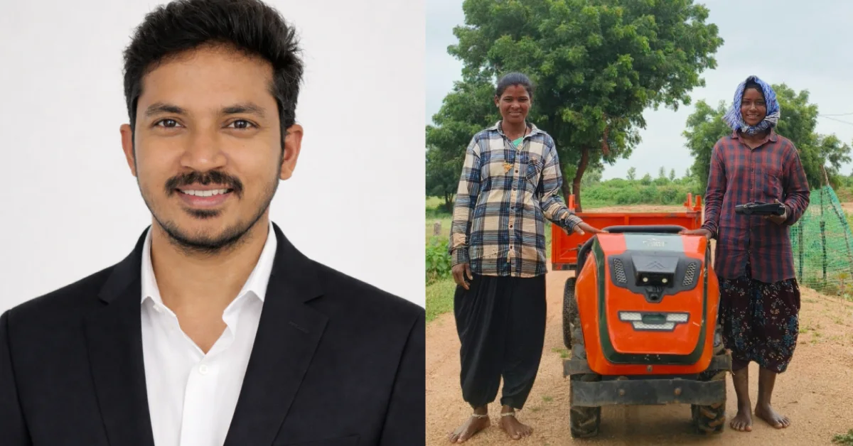 FarmRobo founder Sreekanth Reddy Vajrala with the company’s iMog electric farm robot operating alongside farmers in India