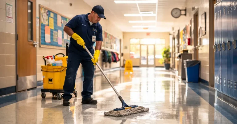 Professional janitor mopping a bright school hallway with a caution wet floor sign, highlighting the importance of school cleaning for student health and safety.