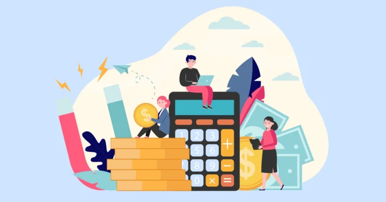 Vector illustration showing financial accounting for a small business with calculator, charts, documents, and bookkeeping elements