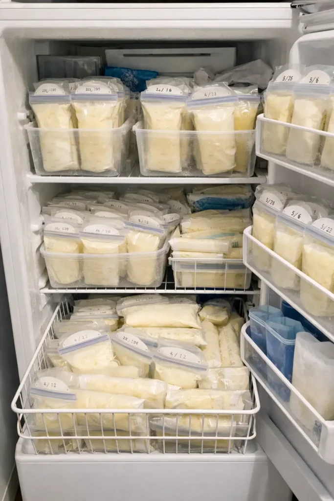 A well-organized freezer with labeled breast milk storage bags and ice packs, neatly arranged