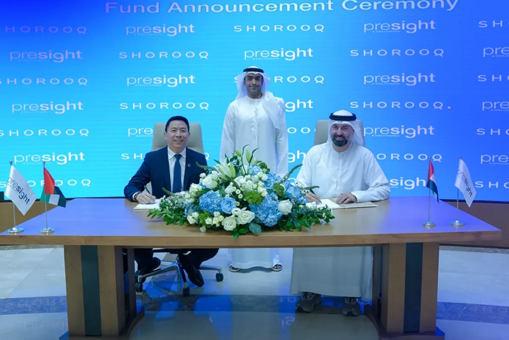 Thomas Pramotedham (CEO, Presight), Mansoor Al Mansoori (Vice Chairman, Presight), and Mahmoud Adi (Founding Partner, Shorooq Partners) at the launch of the $100M AI fund in September 2025