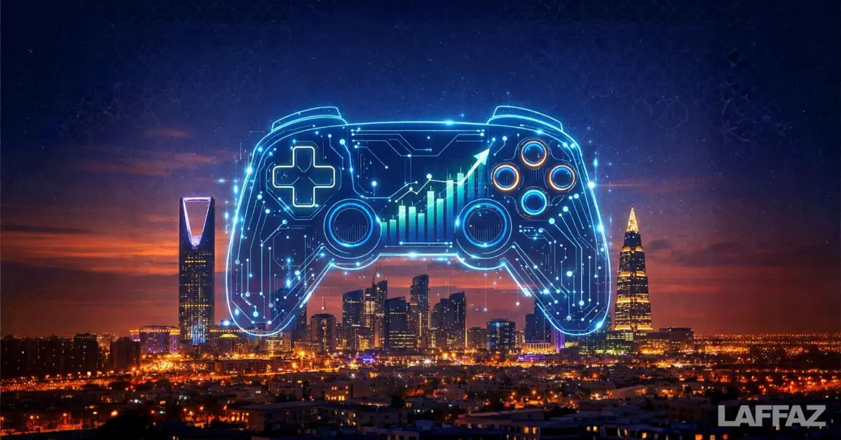 Riyadh skyline with glowing digital game controller symbolizing Saudi investment in the global gaming industry