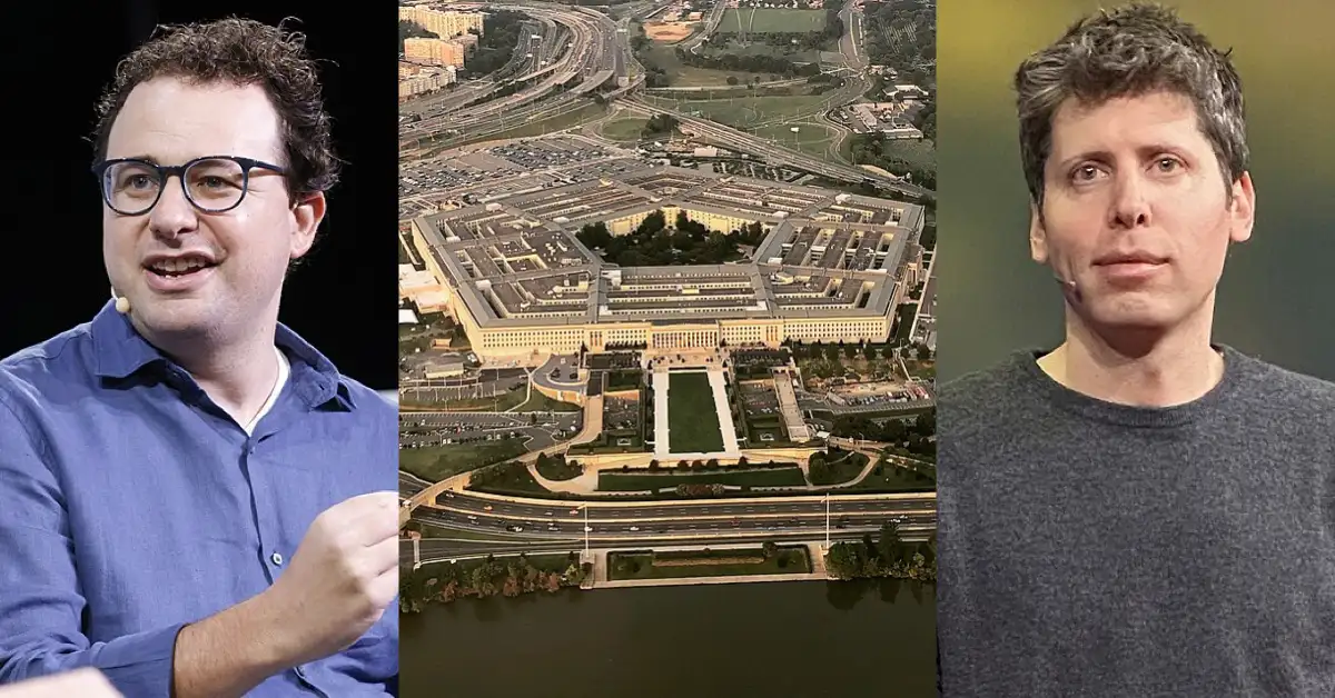 Dario Amodei and Sam Altman positioned on either side of the Pentagon building, representing the AI contract dispute between Anthropic, OpenAI and the U.S. Department of Defense.