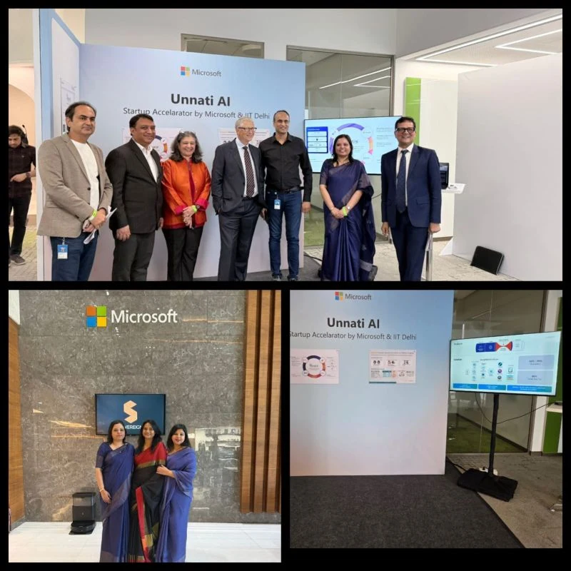 Bill Gates interacting with Easiofy team during a presentation of their AI-powered healthcare platform at Microsoft office in Noida.
