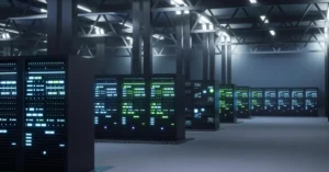 Interior of a large cloud data center server room representing AWS infrastructure affected in the UAE and Bahrain.