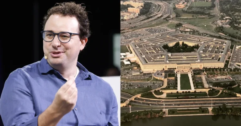 Split image showing Anthropic CEO Dario Amodei (left) and the Pentagon headquarters (right) illustrating the dispute over AI military use.