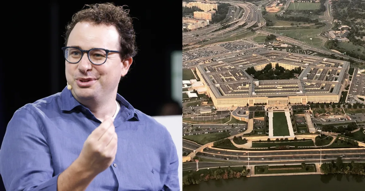 Split image showing Anthropic CEO Dario Amodei (left) and the Pentagon headquarters (right) illustrating the dispute over AI military use.