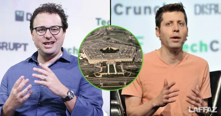 Composite image of Dario Amodei, Pentagon aerial view, and Sam Altman illustrating the AI supply-chain risk dispute.