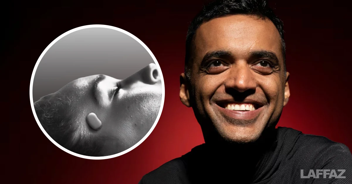 Deepinder Goyal alongside a visual of Temple’s neuroscience-focused wearable device.