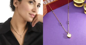 Minimal lightweight mangalsutra with a small diamond pendant worn by a modern bride