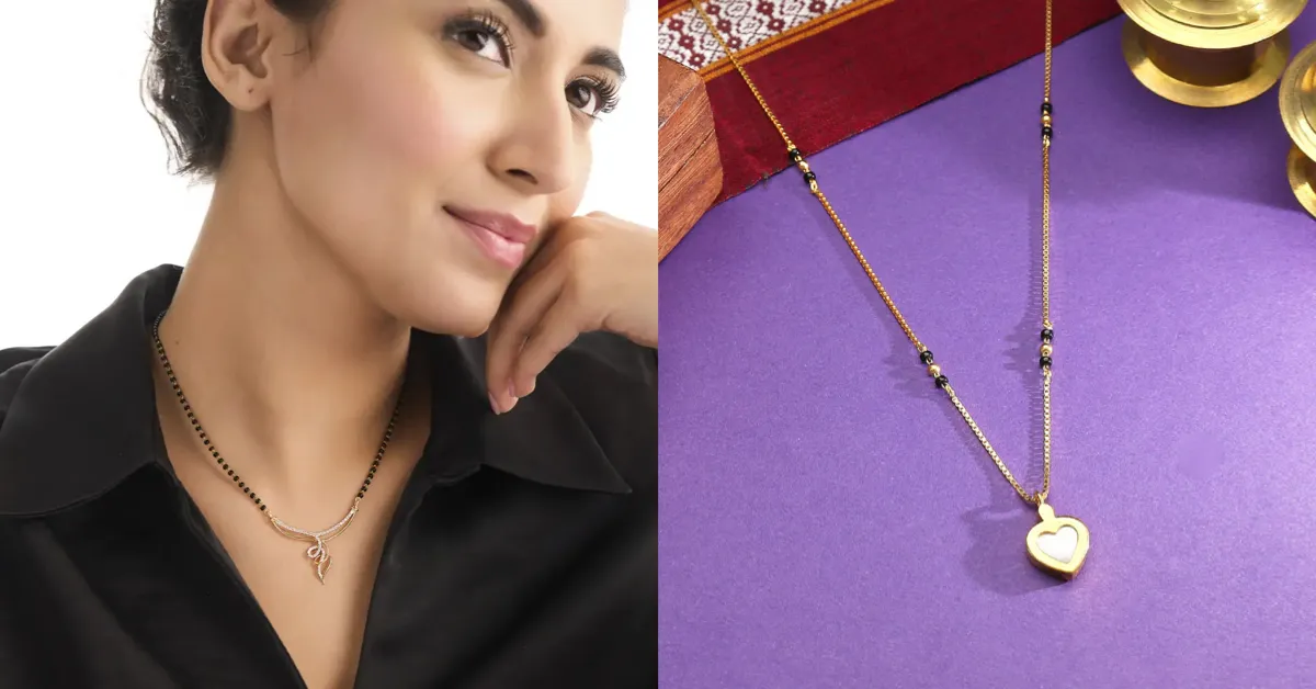 Minimal lightweight mangalsutra with a small diamond pendant worn by a modern bride