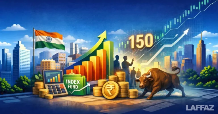 Illustration of India’s midcap stock market growth with rising chart bars, rupee coins, stock market bull, and financial symbols representing the Nifty Midcap 150 index fund.