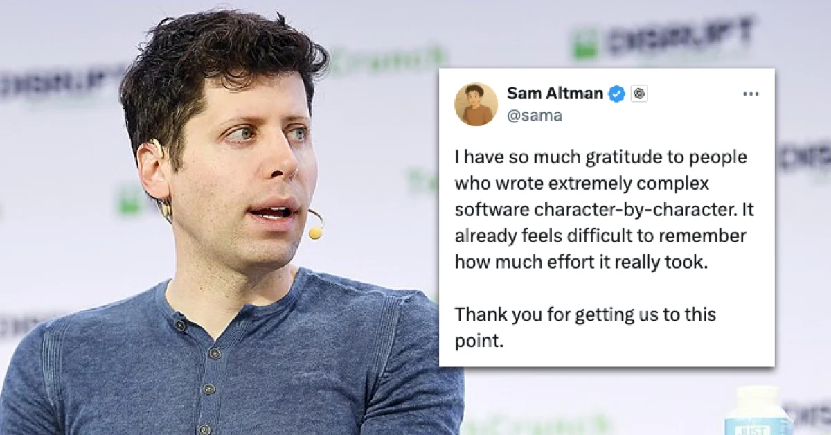 Sam Altman speaking at TechCrunch Disrupt 2019 as his recent tweet sparks layoff fears and online reactions