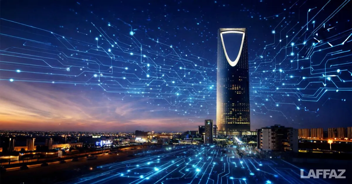 Riyadh skyline at dusk with glowing digital circuit lines representing Saudi Arabia’s emerging semiconductor and technology industry.