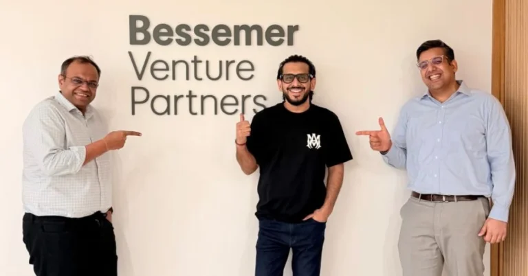 Vishal Gupta and Anant Vidur Puri of Bessemer Venture Partners with OffBeat Studios founder Aman Gupta after closing the ₹100 crore seed funding round