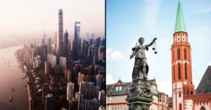 Shanghai city skyline and Roemerberg Frankfurt representing Chinese companies expanding to Europe through employer of record services