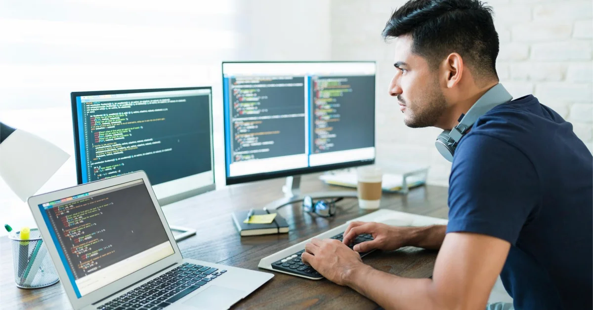 A software developer working from home on a laptop, building a startup after being laid off from a tech job