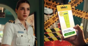 Kriti Sanon in Hyphen officer uniform on the left, and a Blinkit app screen showing Hyphen All I Need Sunscreen SPF 50 PA++++ on the right, from the Hyphen x Blinkit commercial