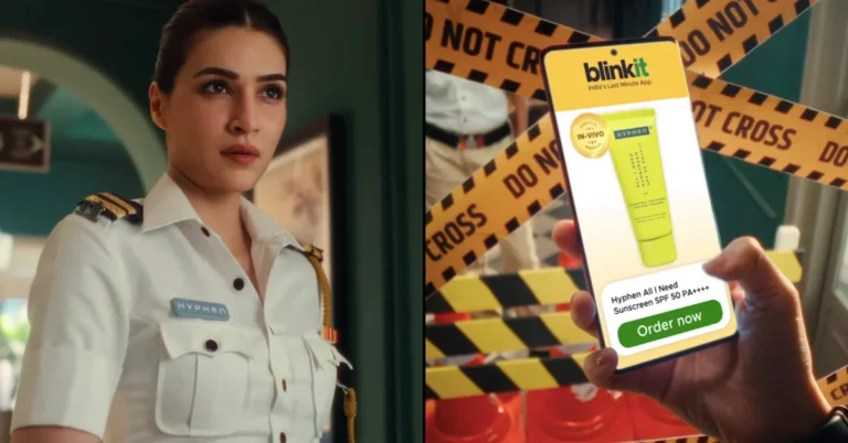 Kriti Sanon in Hyphen officer uniform on the left, and a Blinkit app screen showing Hyphen All I Need Sunscreen SPF 50 PA++++ on the right, from the Hyphen x Blinkit commercial