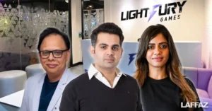 LightFury Games co-founders Karan Shroff, Anurag Banerjee, and Tina Balachandran at a studio or event setting.