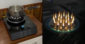 A plasma electric stove burner producing a visible flame-like arc without LPG or gas fuel