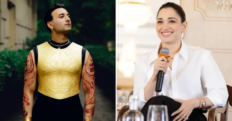 Sitarist Rishab Rikhiram Sharma wearing bespoke Trishul necklace by Tamannaah Fine Jewellery, alongside founder Tamannaah Bhatia