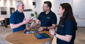Tim Cook, former Apple CEO, meets Metasports Interactive co-founders Kashyap Reddy and Keerti Singh during his India visit in April 2023
