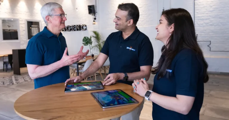 Tim Cook, former Apple CEO, meets Metasports Interactive co-founders Kashyap Reddy and Keerti Singh during his India visit in April 2023