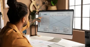 A designer reviewing a web design brief document on a laptop at a desk