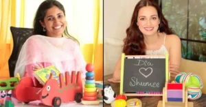 Shumee Toys founder Meeta Sharma Gupta (left) and investor Dia Mirza (right) with Shumee wooden toys