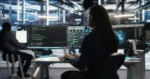 IT specialist analyzing a node tree network interface representing unified security visibility across client environments