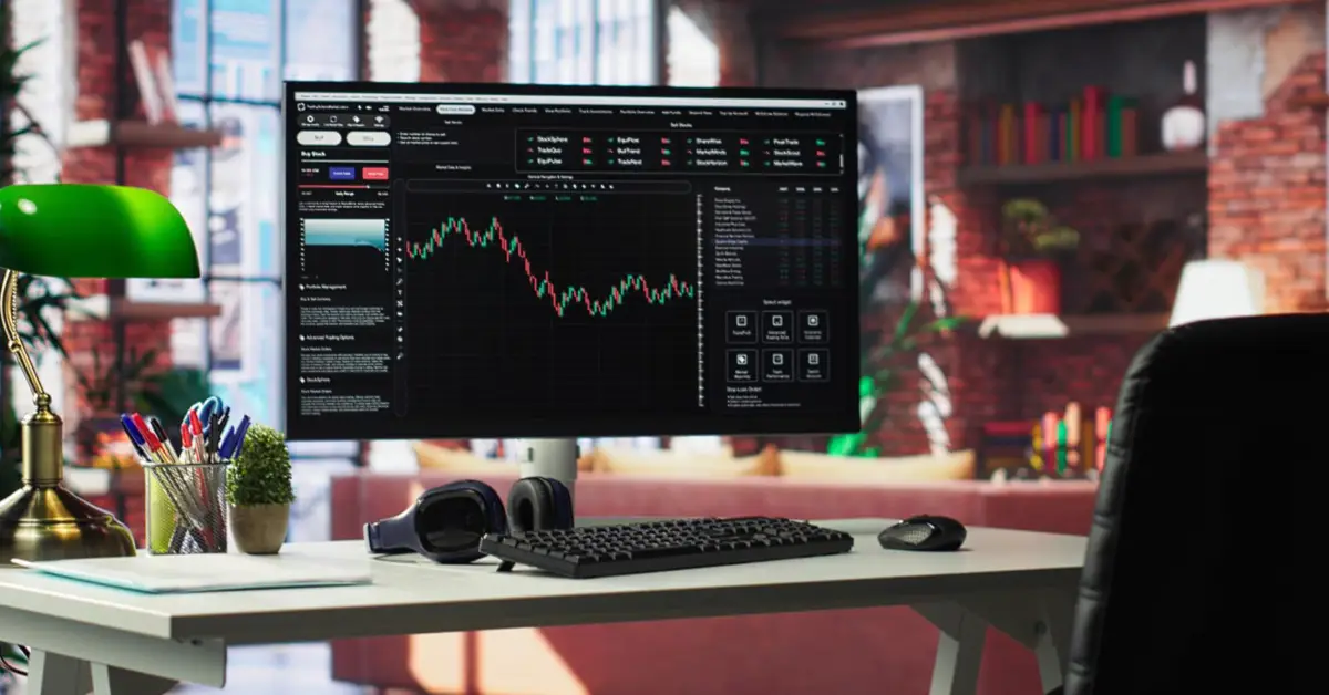 Trader calculating pips on a synthetic indices chart on a laptop screen