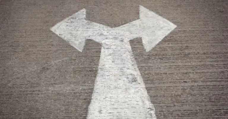 Road sign showing an arrow splitting into two directions, symbolizing the choice between paths in entrepreneurship