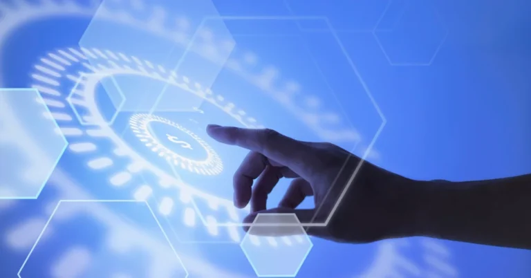 A hand pointing toward a glowing currency and blockchain technology background, symbolizing how digital ledgers are reshaping forex trade verification.