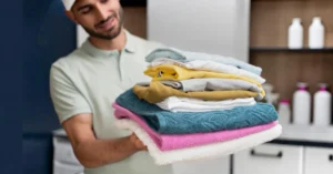 Neatly folded and pressed clothes ready for pickup and delivery as part of a professional laundry service in Dubai