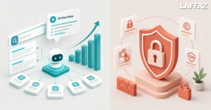 Split illustration showing an AI assistant generating search results and query fan-outs on one side, and a shield protecting brand assets like trademarks and copyrights on the other
